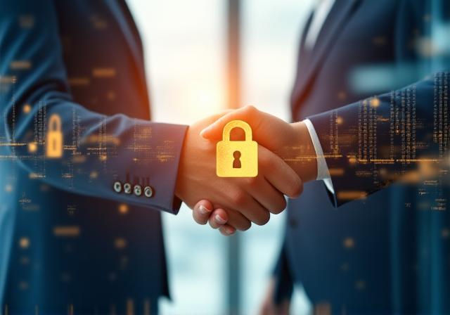 Blue digital shield icon representing data protection over a blurred business meeting background