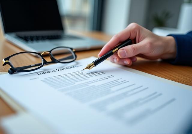 Legal professional meticulously reviewing a business contract in a modern office