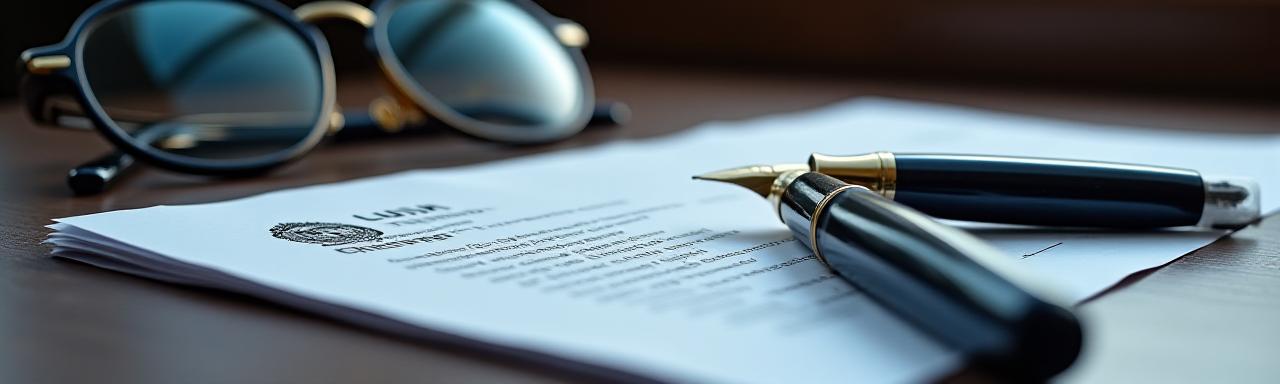 Legal documents and fountain pen on a professional desk environment